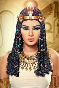 an egyptian woman with blue eyes and long braids wearing a headpiece in front of a golden background