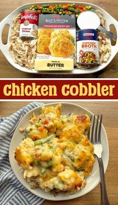 chicken cobbler on a white plate next to a box of biscuits