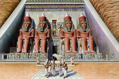 an egyptian scene with three statues and two men in front of the entrance to egypt's great temple