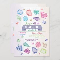 an image of a birthday party card with diamonds and gems on the front, which reads she's a gem charlotte