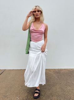 Maxi skirt   Relaxed fit  Princess Polly Exclusive  Chloe Eden is wearing a size AU 6 / US 2  Outer 100% rayon   Lining 97% polyester 3% elastane   Length of size 8 waist to hem: 101cm / 39.7"  High waisted   Elasticated waistband   Asymmetric frill   Non-stretch  Partially lined Maxi Skirt White, Printed Maxi Skirt, Pink Formal Dresses, Fleece Dress, Outerwear Outfit, Skirt White, Loungewear Sets, Curve Dresses, Flowy Skirt