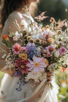 a woman holding a bouquet of flowers in her hands