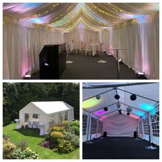 the inside of a white tent with lights and decorations on it's sides, along with pictures of tables and chairs set up for an event