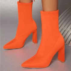 High Fashion Fabric Ankle Boot, Never Worn, Brand New Still In Original Packaging. Four Inch Heel. Orange Party Boots With Round Toe, Trendy Orange 4-inch Heels, Orange Leather Ankle-high Boots, Orange Evening Heels With 4-inch Heel, Orange Boots, Orange Leather Heels With 4-inch Heel, Vintage Glam, Bright Orange, Shoes Heels Boots