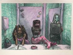 a drawing of two women sitting in front of a bathroom mirror