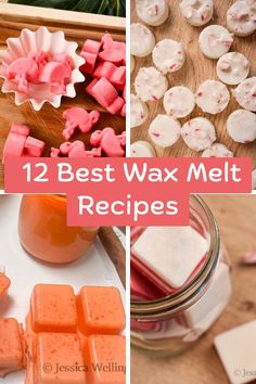 some different pictures with the words 12 best wax melt recipes on them, including marshmallows and candy