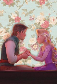 the princess and the frog are sitting in front of a floral wallpapered background