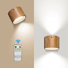 a wooden light that is on the wall next to a remote control and an appliance