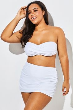 White Twist Front Bandeau Spa Bikini with Skirt Bride Swimsuit, Honeymoon Swimsuit, Swimsuit Styles, Swimsuit Skirt, Plus Size Swimsuit, White Swim, White Bandeau, Plus Size White, Plus Size Bride