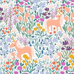 unicorns and flowers on a white background with pink, blue, yellow, purple, orange