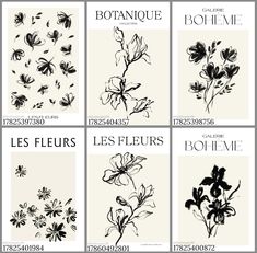 four different types of flowers are shown in black and white, with the words bohanque