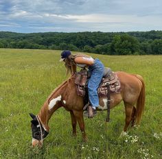 a person riding on the back of a brown and white horse in a green field