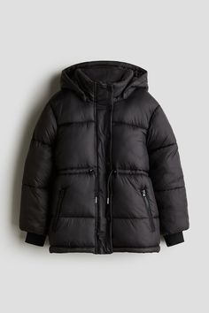 Quilted  padded jacket in nylon. Detachable hood  stand-up collar  and zipper at front with wind flap and snap fasteners. Drawstring at waist  front pockets with zipper  and ribbed inner cuffs. Lined. Sweater Blazer, Suits And Jackets, Cardigan Sweater Jacket, Maternity Swimwear, Snap Fasteners, Detachable Hood, Black Kids, Maternity Wear, Padded Jacket