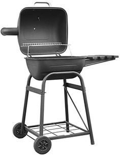 an outdoor charcoal bbq with wheels and grill basket on it's back end