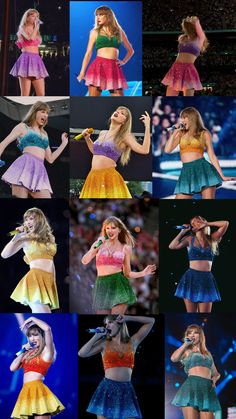 several pictures of the same woman in different outfits on stage with microphones and hands up