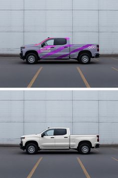 two pictures of a white pickup truck parked in front of a gray wall with the words don't stop on it