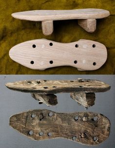 three different types of skateboards sitting on top of each other, one is made out of wood and the other has holes in it