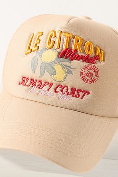 Cotton with polyester mesh backing Spot clean Imported | Le Citron Trucker Hat by Worn/West in Beige, Women's, Polyester/Cotton/Mesh at Anthropologie Trucker Hat Women, Womens Trucker Hat, Merch Ideas, Hat Women, Trucker Hat, Anthropologie, Mesh, Luxury Fashion, Orange