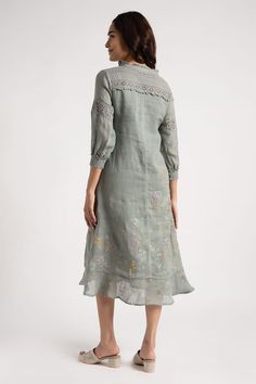 Jade linen dress with floral hand screen printed motifs. - Aza Fashions In The Clouds, Hand Screen Printed, The Clouds, Dress For Women, Linen Dress, Dress Pattern, Floral Print Dress, Aza Fashion, Walk In