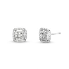 Complete all your favorite looks with sparkle and sophistication when you wear these princess-cut diamond double frame stud earrings. Created in cool 10K white gold Each earring showcases a dainty princess-cut diamond sparkling in an open square-shaped frame of round diamonds. The outer cushion-shaped diamond-lined frame completes the design. Captivating with 1/4 ct. t.w. of diamonds These post earrings secure comfortably with friction backs. Princess Cut Diamond Earrings, Double Frame, Square Earrings, Princess Cut Diamonds, Princess Cut, Post Earrings, Round Diamonds, Diamond Earrings, White Gold