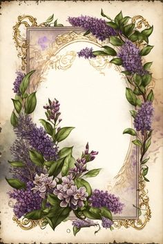 an ornate frame with purple flowers and green leaves