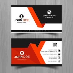 a business card with an orange and black design on the front, side and back