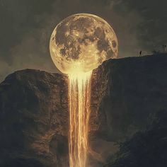 a man standing on top of a mountain under a giant moon with waterfall coming out of it