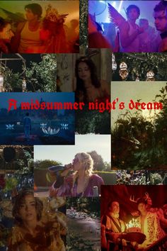 a collage of photos with the words midsummer night's dream written in red