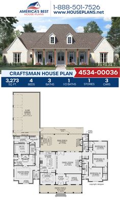 the craftsman house plan is shown in two different colors and sizes, with an open floor plan