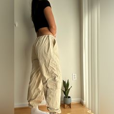 Asos Cargo Pants - Size Us 8 Like New! - No Tags But Never Worn - Cream,Tan Color Great Basic To Go With Any Fit - Cinched Waist And Bottoms Which Are Adjustable Beige Utility Bottoms With Elastic Waistband, Neutral Cotton Bottoms With Side Pockets, Beige Bottoms With Cargo Pockets And Loose Fit, Beige Long Pants With Side Pockets, Cream Utility Bottoms With Cargo Style, Beige Utility Full-length Bottoms, Cream Utility Cargo Bottoms, Cream Utility Cargo Style Bottoms, Casual Cream Bottoms With Side Pockets