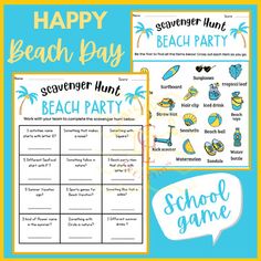 a beach party game with the words happy beach day and an image of palm trees