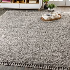 a white rug with fringes on the floor in front of a bookcase and bookshelf