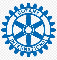 the rotary international logo on a transparent background, with blue gears in the center and words rotary