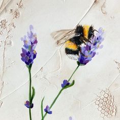 a painting of a bee sitting on top of a purple flower next to another plant