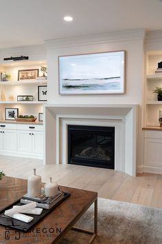 a living room filled with furniture and a fire place in front of a painting on the wall