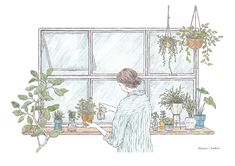 a drawing of a woman looking out the window with potted plants in front of her