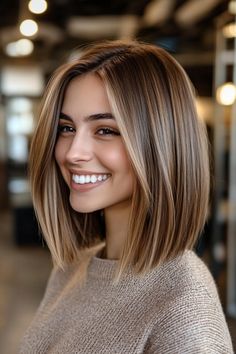 Click for More ➡️ | Save for Later ❤️  A straight lob with delicate beige highlights for a sophisticated and understated look. (Straight Lob with Soft Beige Highlights - Medium Length Haircuts For Thick Hair) Shoulder Length Hair Cuts Long Bobs, Womens Medium Length Haircut Straight, Lob Fine Hair Straight, Side Part Lob Mid Length, Mid Length Hair With Highlights, Medium Lob Haircut Straight, Shaggy Lob For Fine Hair Straight, Long Bob Haircuts Straight, Medium Length Straight Haircut