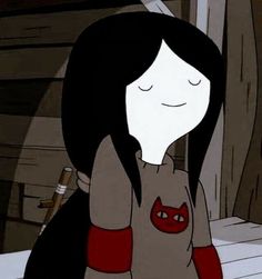 a cartoon girl with long black hair and a cat on her shirt is standing in front of a door