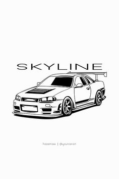 a black and white drawing of a car with the word skyline on it's side