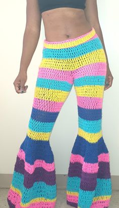 Beautiful quality handmade crochet bell bottom pants. Made to order to fit to your size.  Perfect for summer, spring, fall or winter. Breathable. All seasons. can be worn over leggings.  Stretchy with Drawstring added. Please allow me 7-10 days to make your item. Bell bottoms most likely will be done before then. Variant colors.🚨 IMPORTANT 🚨PLEASE put your waist measurement, Hip measurement, and length of legs, measuring from your waist down to the sides of your feet. Please put in the message box. If you would like a color you do not see, please put in the message box. Thank you! Crochet Bell Bottom Pants, Crochet Bell Bottoms, Crocheted Dresses, Crochet Bell, Fall Crochet Patterns, Fall Crochet, Bell Bottom Pants, Crochet Stitches Patterns, Waist Measurement