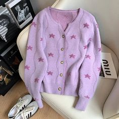 Lavender Star Patterned Button-Up Cardigan Knitwear Graduation Dresses Purple, Lavender Cardigan, Purple Wedding Dress, Autumn Design, Dresses Purple, Embellished Cardigan, Pretty Wedding Dresses, Womens Knit Dresses, Fine Yarn