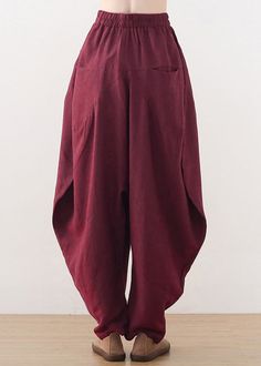 Plus Size Wine Red Pockets Wide Leg Pants FallFabric: Cotton 45%, Linen 55%Size & Fit: This garment fits true to size.Length: Size 3XL measures 37.83"from waist to hem.Waist:Fitted - elastic waist allows stretch Hip: Loosely Fitted. room for hips. Hand Wash Cold. Burgundy Bottoms With Pockets, Burgundy Long Pants With Pockets, High Waist Red Harem Pants With Pockets, Red High-waist Harem Pants With Pockets, Red High Waist Harem Pants With Pockets, Red Wide Leg Pants With Pockets For Fall, Red Non-stretch Wide Leg Pants With Pockets, High Waist Red Cotton Harem Pants, Red High Waist Cotton Harem Pants