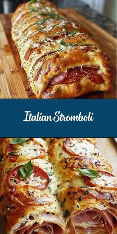 some food is laying out on a cutting board with the words italian stromboli