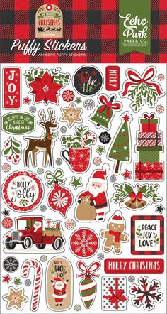 the christmas stickers are shown in red, green and white plaid paper with holiday decorations