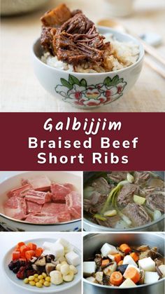 various pictures of food including meat, vegetables and rice with text overlay that reads gabbilim raised beef short ribs