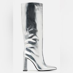 Zara Metallic Knee Heeled Boots Nwt Size 10 Metallic Boots Silver Boots Heeled Boots Knee High Boots Denim Knee High Boots, Shiny Boots, Metallic High Heels, Crocs Boots, Snake Print Boots, Metallic Boots, Silver Boots, Metallic Look, Denim Boots