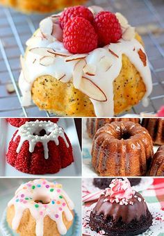 there are many different cakes and pastries on the rack together, including raspberries