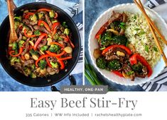 two pictures showing different types of stir fry with broccoli, peppers and mushrooms