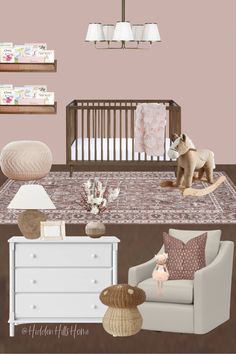 Girls nursery decor mood board with modern vintage decor! Pink, cream and brown tones throughout Dusty Pink And Grey Nursery, Pink Crib Nursery Ideas, Dark Brown Crib Nursery Girl, Mauve And Brown Nursery, Maybe Pink Nursery, Pink And Maroon Nursery, Mauve Nursey Ideas, White And Brown Nursery Furniture, Light Mauve Nursery