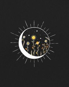 the sun and moon are surrounded by wildflowers on a black background with stars